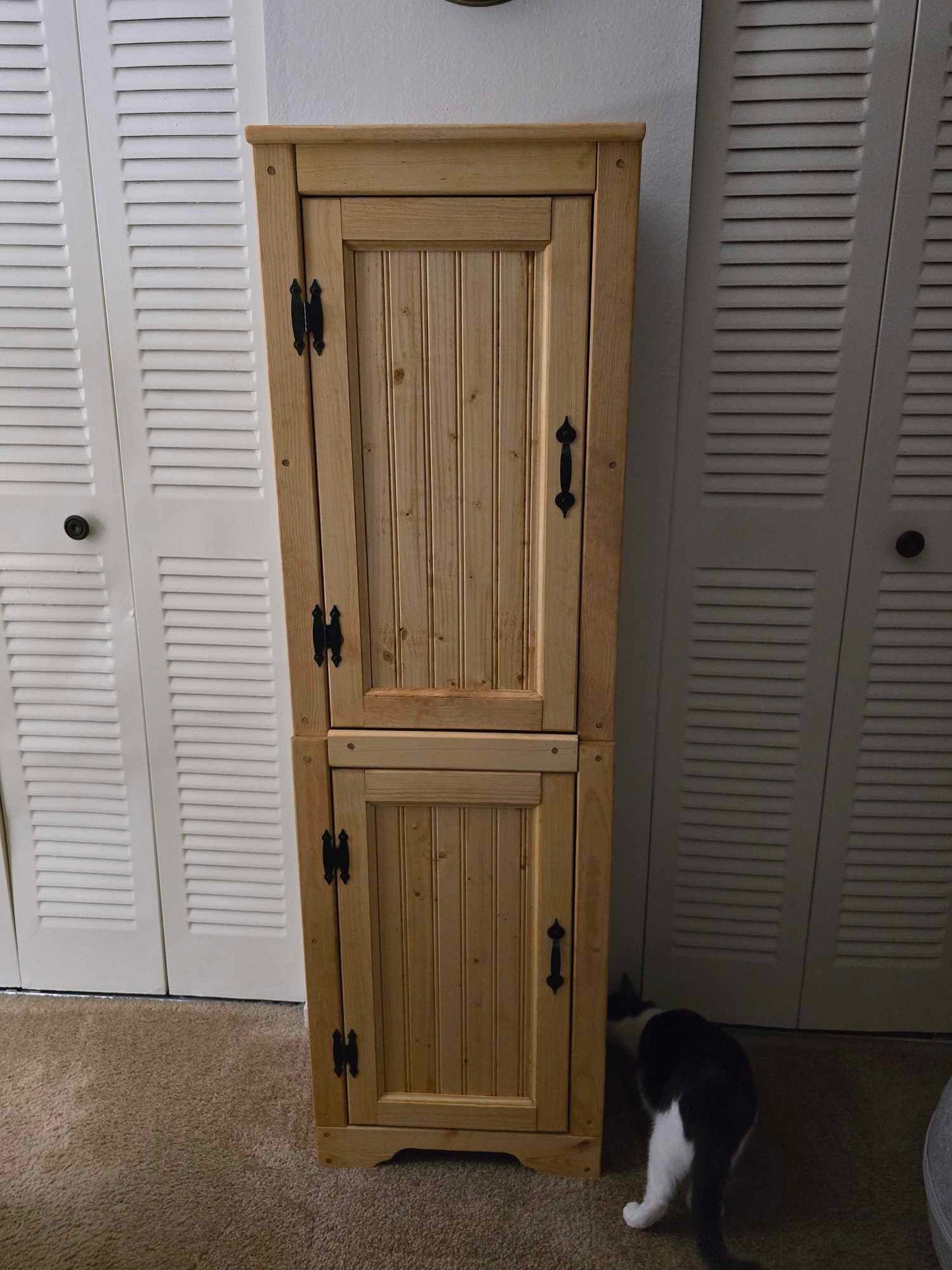 Standard Size Pine Pantry Cabinet, Two Piece Wood Pantry