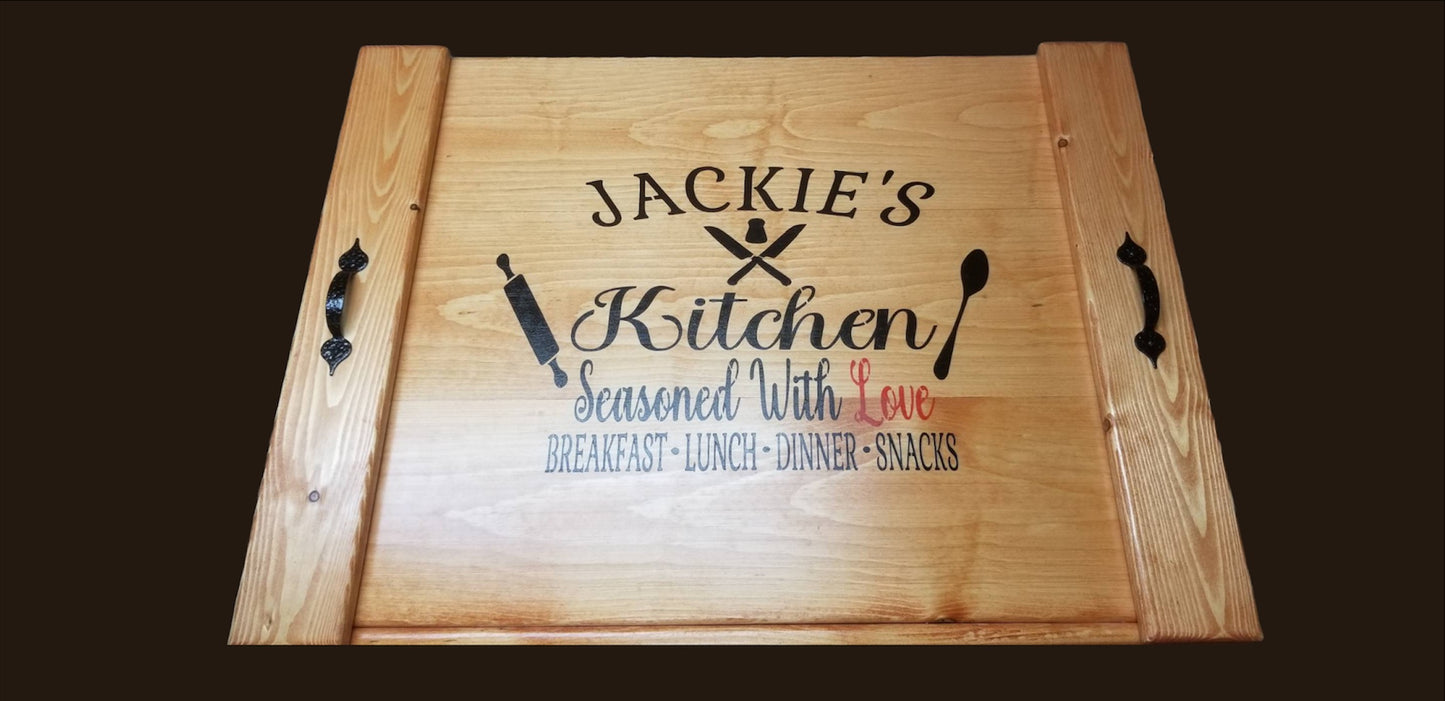 This kitchen is seasoned with love with name, noodle board, stove top cover, rustic stove cover, farmhouse stove cover